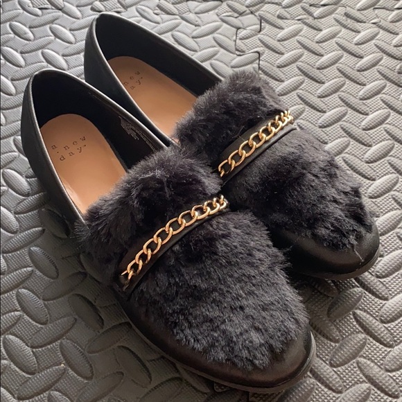 a new day Shoes - Fuzzy black loafers with gold chain